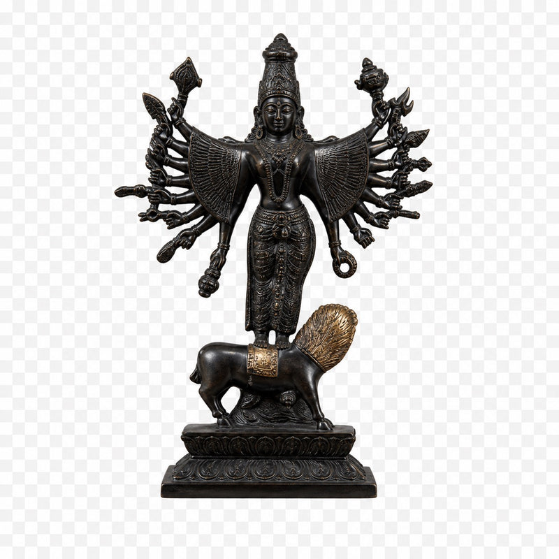 Brass Goddess Durga Mahishasura Mardini Idol – Elegant Black & Gold Handcrafted Statue with Lion, Ideal for Mandir, Navratri Pooja & Auspicious Decor (Height: 10 Inches)