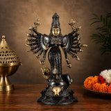 Black & gold Durga idol with many arms, lion base, handcrafted statue