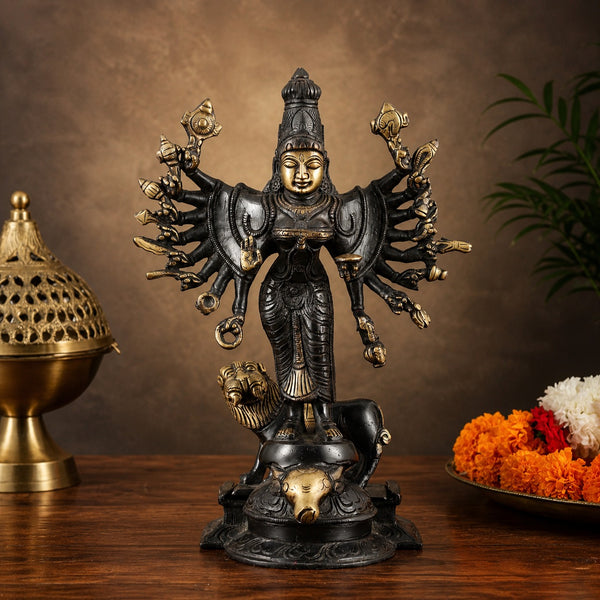 Brass Goddess Durga Mahishasura Mardini Idol – Elegant Black & Gold Handcrafted Statue with Lion, Ideal for Mandir, Navratri Pooja & Auspicious Decor (Height: 10 Inches)