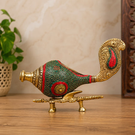 Decorative Brass Conch (Shankh) with Stand and Stonework (Height: 9 Inches)