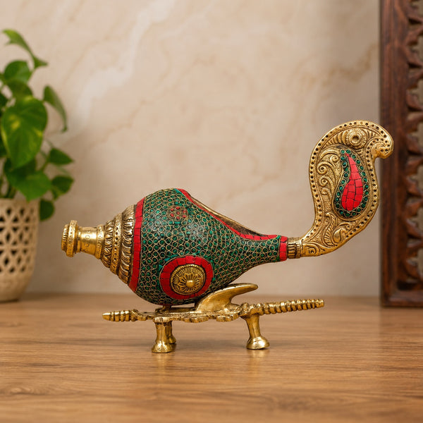 Decorative Brass Conch (Shankh) with Stand and Stonework (Height: 9 Inches)