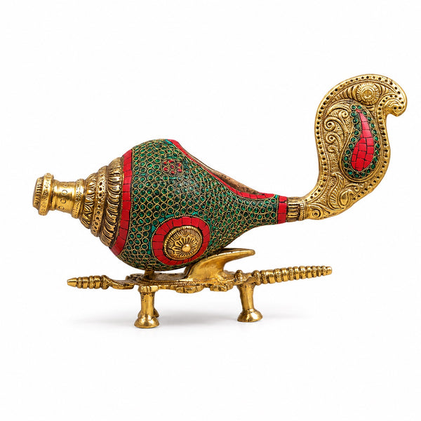 Decorative Brass Conch (Shankh) with Stand and Stonework (Height: 9 Inches) Entryway Setting