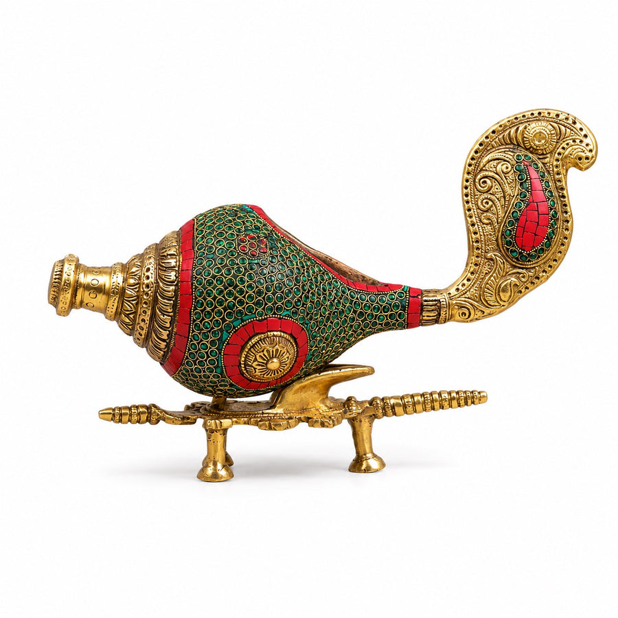 Decorative Brass Conch (Shankh) with Stand and Stonework (Height: 9 Inches) Craft Detail