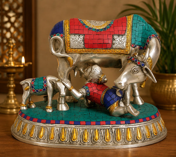 Brass Handmade Baby Krishna Drinking Milk Idol (Height: 10 Inches)