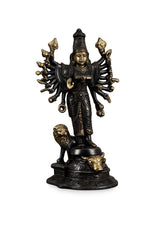 Black & gold standing Durga idol, many arms, lion under base