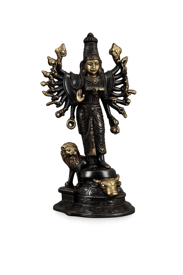 Brass Goddess Durga Mahishasura Mardini Idol – Elegant Black & Gold Handcrafted Statue with Lion, Ideal for Mandir, Navratri Pooja & Auspicious Decor (Height: 10 Inches) Entryway Setting