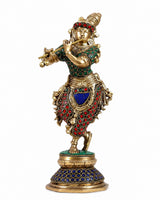 9.5-inch brass Krishna statue with colorful gemstone-style floral detailing