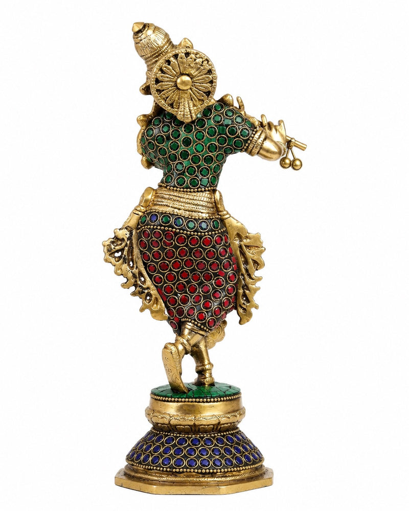 Brass Krishna statue with floral stonework (Height: 9.5 Inches)