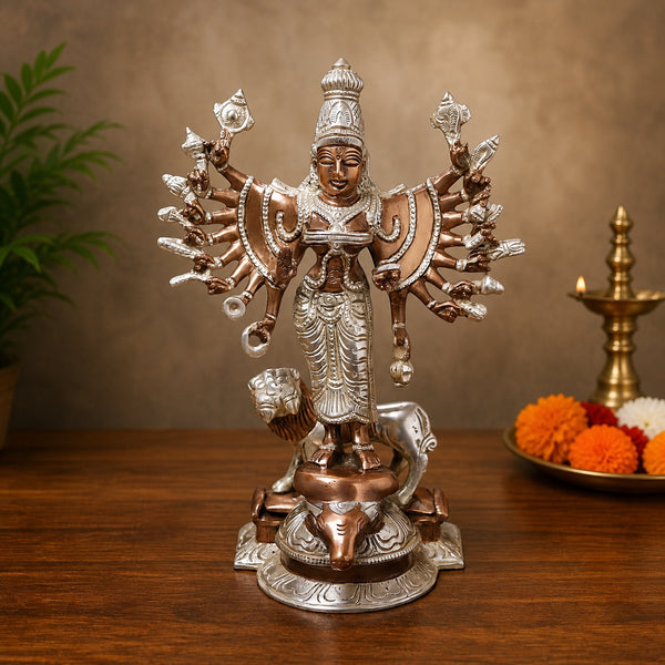 Traditional Brass Maa Durga Demon-Slayer Idol – Standing Position with Silver & Copper Finish for Home Temple, Navratri Pooja, Office Decor & Gift Item (Height: 9.5 Inches)