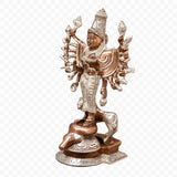 Standing Maa Durga figurine with crown and weapons, silver & copper metallic finish
