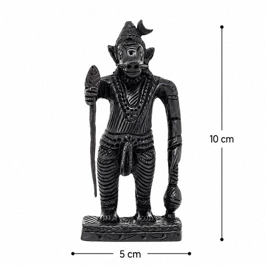 Ebony wood Varaha Swamy idol, dark carved front figure; 10 cm tall, 5 cm wide.