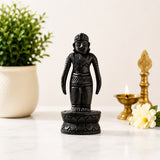 Ebony wood Lord Ayyappa idol statue, dark carved standing figure on round base