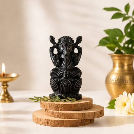 Handcrafted Karungali Lord Ganesha Idol with Lotus Base – Ebony Wood