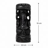 Carved black Ganesha statue with crown, front view; 10 cm tall, 3.8 cm wide
