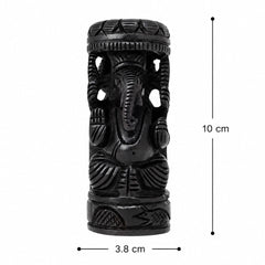 Carved black Ganesha statue with crown, front view; 10 cm tall, 3.8 cm wide