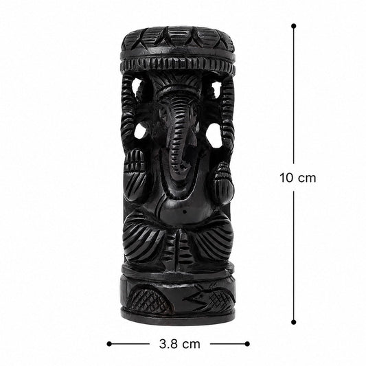 Carved black Ganesha statue with crown, front view; 10 cm tall, 3.8 cm wide