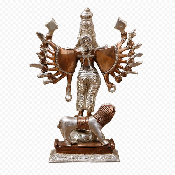 Traditional Brass Maa Durga Demon-Slayer Idol – Standing Position with Silver & Copper Finish for Home Temple, Navratri Pooja, Office Decor & Gift Item (Height: 9.5 Inches) Study Setting