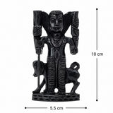 Black Lord Vamana statue, arms raised, holding staff, standing on carved base