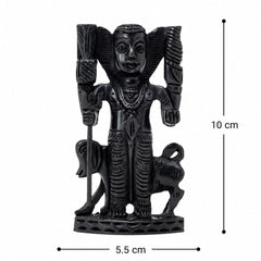 Black Lord Vamana statue, arms raised, holding staff, standing on carved base