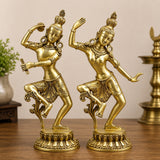 Brass Shiva Parvati dance idol pair, smooth golden finish, raised arms and ornate base