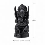 Black Ganesha idol sculpture, front view; 7.6 cm tall and 3.8 cm wide