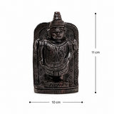 Dark bronze standing deity statue, front view; approx 10 x 11 cm on base