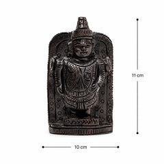 Dark bronze standing deity statue, front view; approx 10 x 11 cm on base