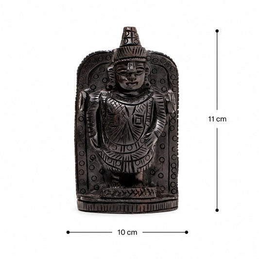 Dark bronze standing deity statue, front view; approx 10 x 11 cm on base