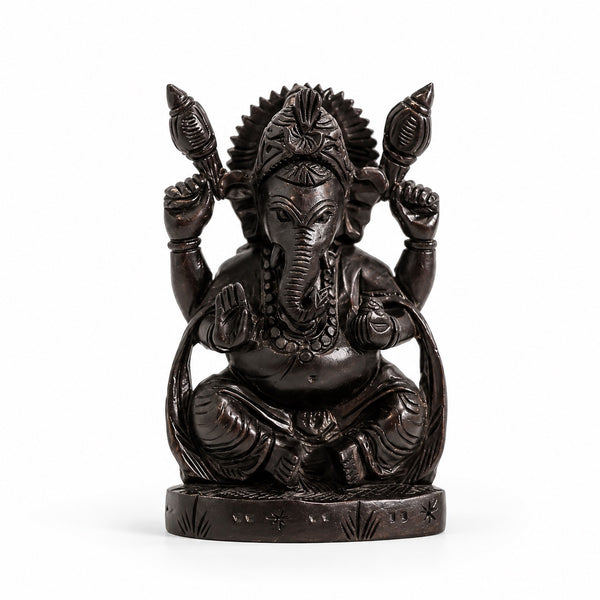 Sacred Karungali Lord Ganesha Statue with Draped Stole Study Setting
