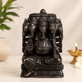 Panchamukhi Ganesh idol in dark carved wood, five elephant-headed faces, seated pose