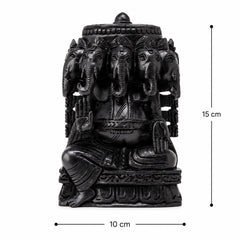 Panchamukhi Ganesh idol, dark carved wood, seated with five heads; 15 cm x 10 cm