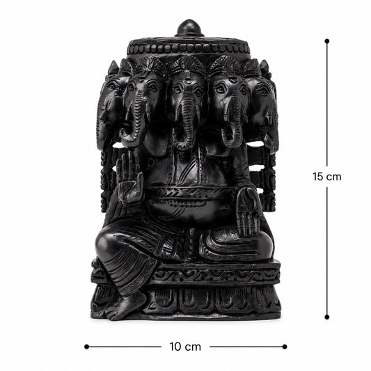 Panchamukhi Ganesh idol, dark carved wood, seated with five heads; 15 cm x 10 cm