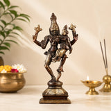 Brass Narsimha statue with Lakshmi, multi-armed deity on carved pedestal, 12 in