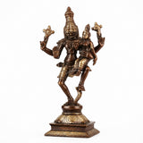Brass Narsimha and Lakshmi deity sculpture, raised arms, standing on base