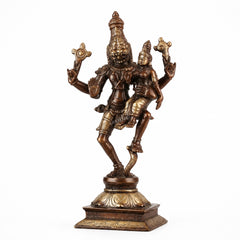 Brass Narsimha and Lakshmi deity sculpture, raised arms, standing on base