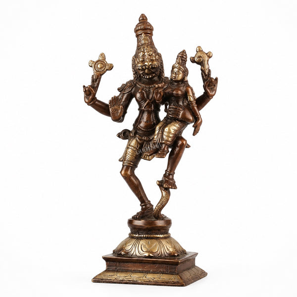 Brass Lord Narsimha with Devi Lakshmi Sculpture (Height: 12 Inches) Entryway Setting
