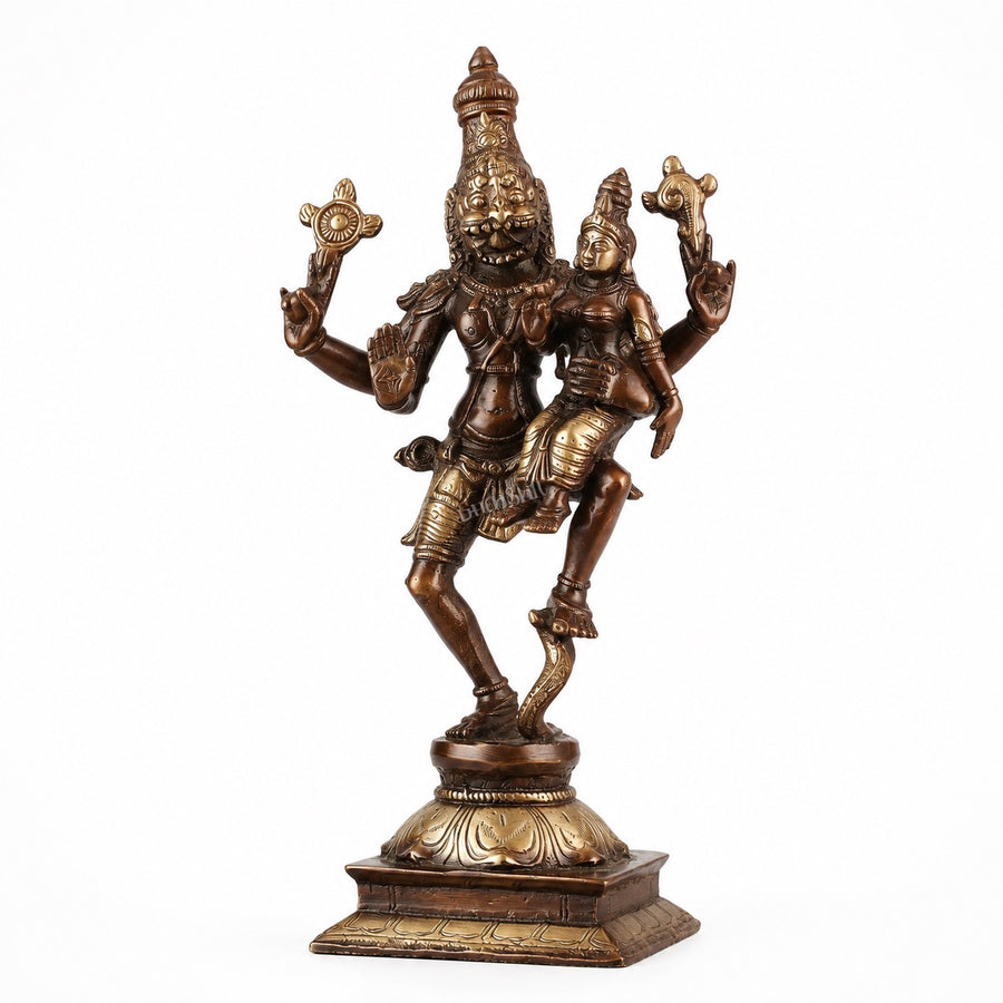 Brass Lord Narsimha with Devi Lakshmi Sculpture (Height: 12 Inches) Craft Detail