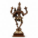 Brass Narsimha figurine with Lakshmi, detailed armor and many arms on pedestal