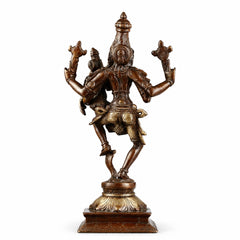 Brass Narsimha figurine with Lakshmi, detailed armor and many arms on pedestal