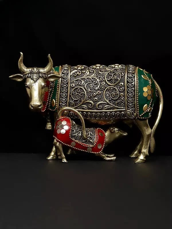 Superfine Brass Superfine Brass Cow and Calf Statue (Height 6 Inches) Mandir Setting