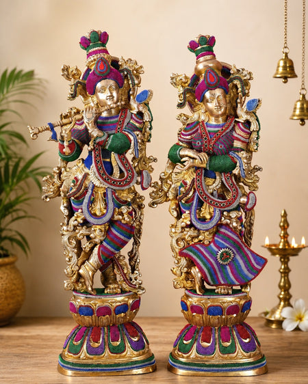 Handcrafted Pure Brass Radha Krishna Sculpture – Tanjore Work Design (Height: 30 Inches)