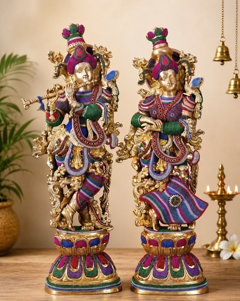 Handcrafted Pure Brass Radha Krishna Sculpture – Tanjore Work Design (Height: 30 Inches)