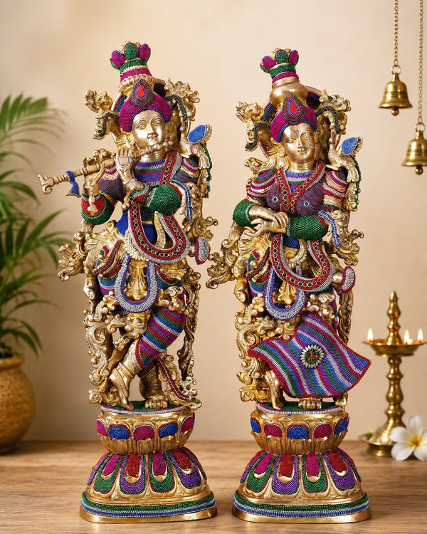 Handcrafted Pure Brass Radha Krishna Sculpture – Tanjore Work Design (Height: 30 Inches)