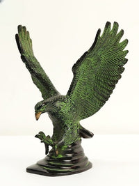 Brass Eagle statue, wings spread upward, green patina finish, 10-inch height