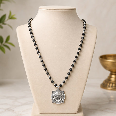 Premium Karungali Mala with Silver Cap & Shree Yantra Pendant