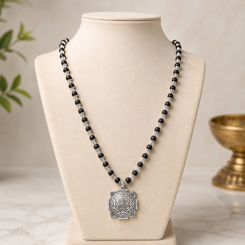 Premium Karungali Mala with Silver Cap & Shree Yantra Pendant