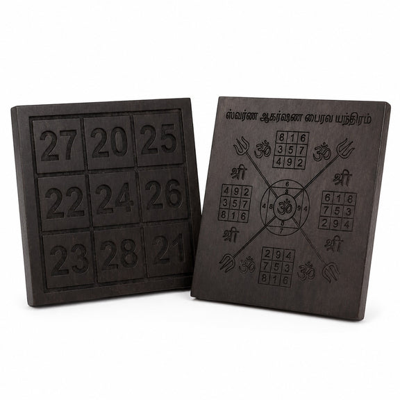 Pair of dark yantra boards with number panels on the left and symbol chart on right