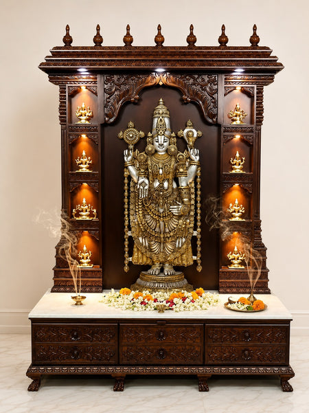 Brass Luxury Ashtalakshmi Design Mandir with Lord Venkateshvara (Tirupati Balaji) (Height: 80 Inches)
