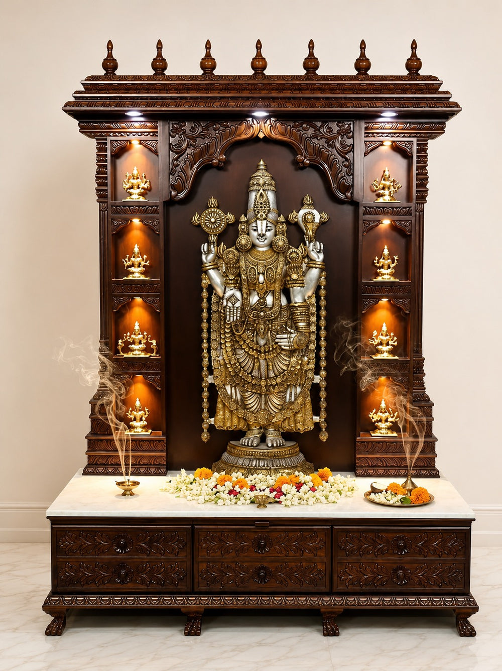 Brass Luxury Ashtalakshmi Design Mandir with Lord Venkateshvara (Tirupati Balaji) (Height: 80 Inches)