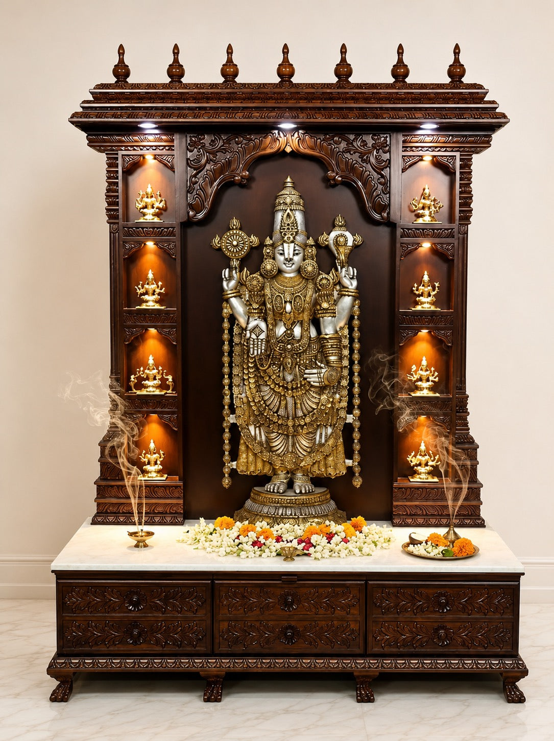 Brass Luxury Ashtalakshmi Design Mandir with Lord Venkateshvara (Tirupati Balaji) (Height: 80 Inches)